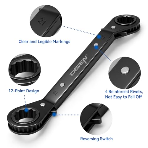 DISEN 10-Piece Double Offset Box End Reversible Ratcheting Wrench Set, SAE (1/4-7/8 inch) & Metric (6-21mm) Heavy Duty Ratcheting Wrench Set for Narrow Space, Rolling Pouch - style: 10 PCS