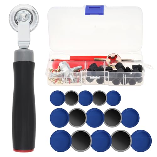 70pcs Tire Repair Kit with Natural Rubber Patches (32mm/42mm/58mm), Tire Patch Roller, Valve Core Removal Tools, 30 Valve Cores, 20 Valve Caps – Portable Tubeless Puncture Repair Tool Set