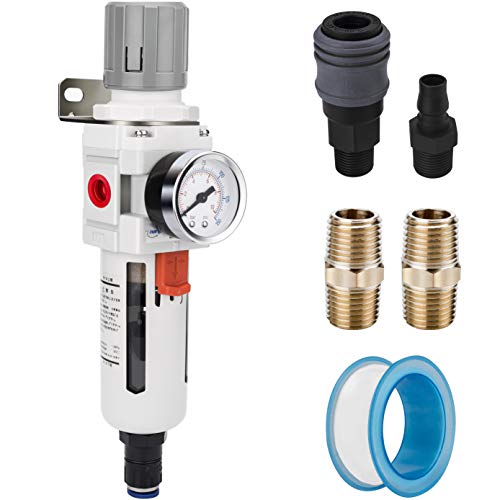 NANPU 3/8" NPT Air Compressor Filter & Pressure Regulator Combo, Auto Drain | 5-micron brass element water/oil separator, poly bowl, auto drain, 70 SCFM, 0-150 psi gauge—for air tools & compressors - size: 3/8" NPT, style: Auto Drain