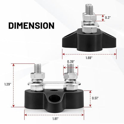 RED WOLF 12V 100A Power Distribution Block 1/4" Dual Stud Busbar M6 Terminal Bus Bar 12 Volt DC Battery Junction Post for Auto Boat Marine Solar System Positive and Negative (2PC) - size: Dual M6 Stud