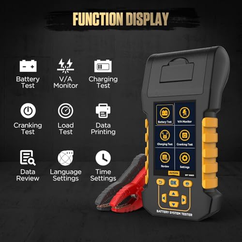 AUTOOL Car Battery Tester 12V 24V Automotive Battery Load Tester with Printer 20-2000CCA Alternator Tester, Cranking & Charging & Leakage Test, 3.2" Screen with Data Review Reverse Polarity Protection