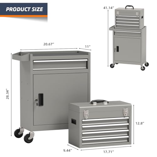 5-Drawer High Capacity Rolling Tool Box, Removable Cabinet Storage Tool Chest with Wheels and Drawers, Detachable Toolbox with Lock for Mechanics Garage Workshop and Tool Room (Grey)