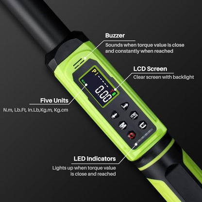 Digital Torque Wrench 1/2" Drive-2.2-147.5Ft.Lb for Car Motorcycle | Electronic Torque Wrench(3-200N.m) ,Vibration Buzzer LED Indicator,±2% Accuracy Five Units for Bike Auto Truck Repair DIY - size: 1/2" 2.2-147.5Ft.Lb
