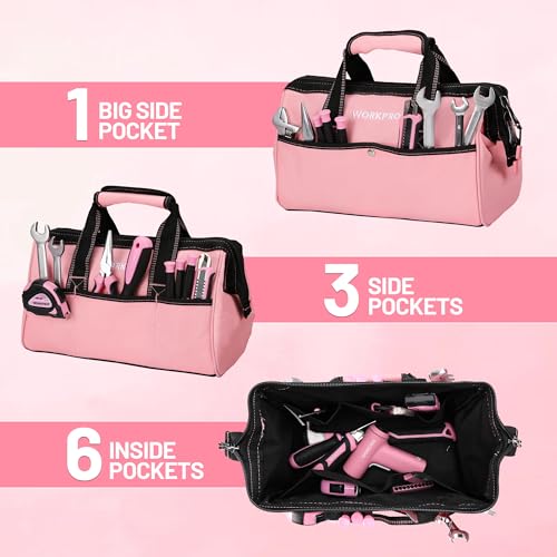 WORKPRO 13-Inch Tool Bag, Pink Soft Cloth Tool Storage Bags, Wide Mouth Tool Tote Bag with Inside Pockets - Pink Ribbon | Soft Cloth, Wide Mouth, Tool Tote Bag - color: Pink