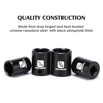 MIXPOWER 12 Pieces 3/8-Inch Drive Shallow Impact Socket Set, 5/16 to 1 inch, CR-V, SAE, 6 Point, Shallow, 12 Pieces 3/8" Dr. Socket - size: 5/16" - 1" (Shallow)