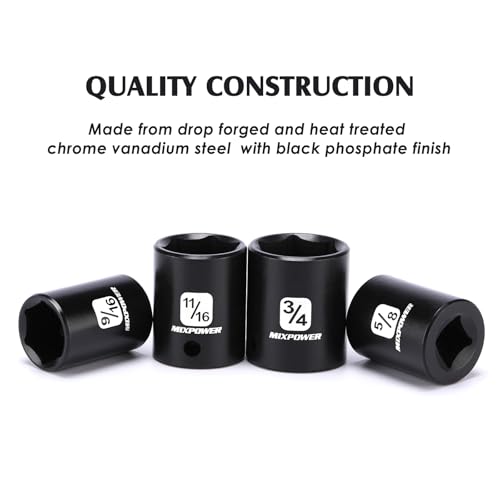 MIXPOWER 12 Pieces 3/8-Inch Drive Shallow Impact Socket Set, 5/16 to 1 inch, CR-V, SAE, 6 Point, Shallow, 12 Pieces 3/8" Dr. Socket - size: 5/16" - 1" (Shallow)