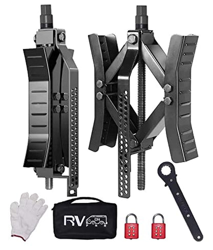 RVPNR217B RV Wheel Chock Stabilizer,Camper x chocks Travel Trailer, Wheel Chocks for Travel Trailers, Tire chocks rv Trailer (2 Packs) with Ratchet and Password Locks (Black) - color: Black