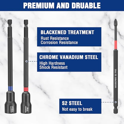 WORKPRO 16-Piece Magnetic Nut Driver Set and Bit, 6" Long Nut Drivers, Metric & SAE Nut Drivers for Impact Drill, Long Shank Nut Driver Bits, 1/4"Hex Shank, Long Power Bits, PH2, with Sturdy Tool Box - size: 16PCS Magnetic Long Nut Driver Set