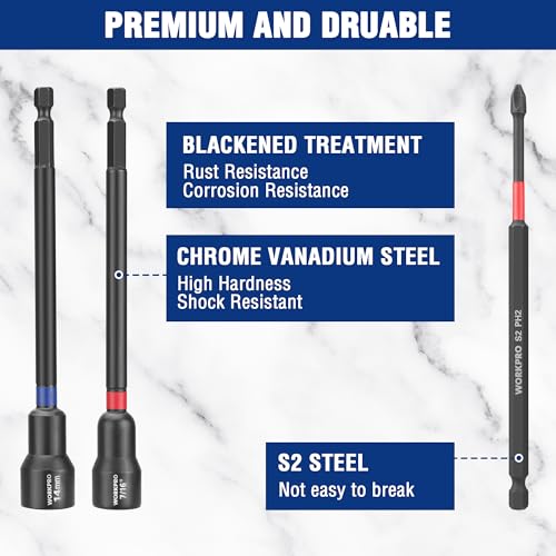 WORKPRO 16-Piece Magnetic Nut Driver Set and Bit, 6" Long Nut Drivers, Metric & SAE Nut Drivers for Impact Drill, Long Shank Nut Driver Bits, 1/4"Hex Shank, Long Power Bits, PH2, with Sturdy Tool Box - size: 16PCS Magnetic Long Nut Driver Set