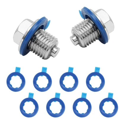2PCS M14x1.5 Magnetic Engine Oil Drain Plug,Oil Pan Drain Stainless Steel Nut Bolt with High-Temperature Neodymium Magnet,& 8PCS Washers Anti Leakage,for Most Cars,Motorcycles,Boats - size: 2PCS M14 x 1.5 drain plug & 8PCS gaskets.