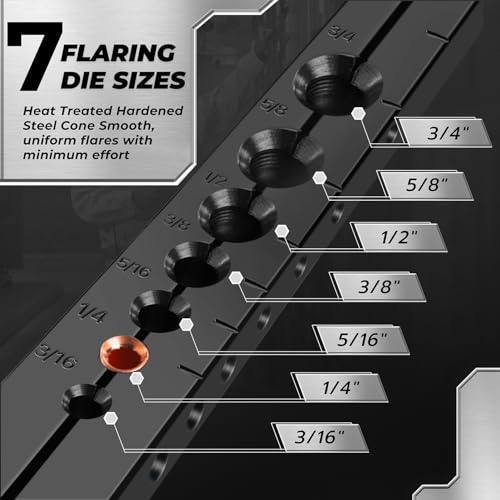 Flexzion 45° Eccentric Copper Pipe Flaring Tool Kit for HVAC Mini Splits | Tube flaring tool covers 7 OD sizes, 3/16 to 3/4 in, for copper, brass, aluminum, mild steel, and single-flare brake lines