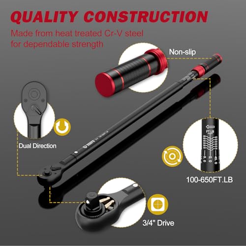 VANPO 3/4-inch Drive Click Torque Wrench, 100-650Ft-Lb/135.5-880.8Nm, | Industrial Adjustable Torque Wrench Set with a Hex Key for Oil Rigs, Trucks & Off-Road Equipment - size: 3/4-Inch(100-650 Ft-Lb/135.5-880.8 Nm)