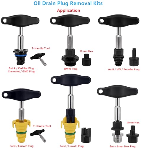 9PCS Oil Drain Plug Removal Kit Compatible with GM VW Ford Audi BMW Chrysler Lincoln with T-Handle Wrench Replace 090-999 DPR350 1320, use for BC3Z6730A, KX6Z-6730-B, 06L103801