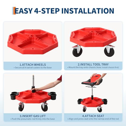 Rolling Mechanic Stool, 300 LBS Capacity, 19 in -24 in Height Adjustable Shop Stool with Soft Cushion,Tool Tray & 5 in 360° Lockable Swivel Wheels for Garage, Auto Repair, Workshop, ‌Heavy Duty, Red - size: Model 4