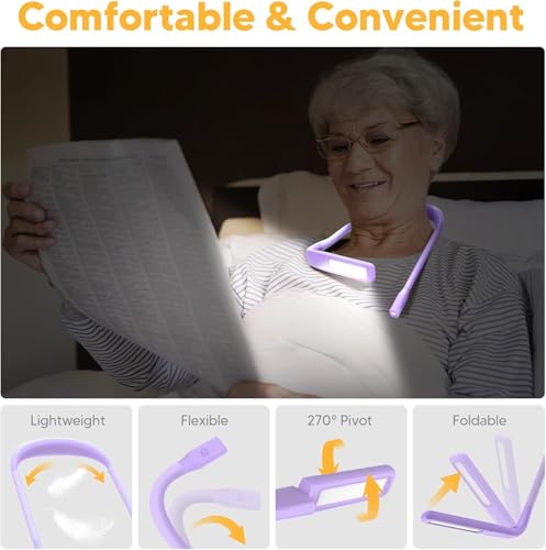 Back to School Supplies Reading Light: Purple Gifts Neck Light with Storage Case for Book Lovers Knitters Crafters, 10-80Hrs Eye-friendly Rechargeable Book Reading Lamp Knitting Crochet Craft Light - color: Purple Light, Purple Box