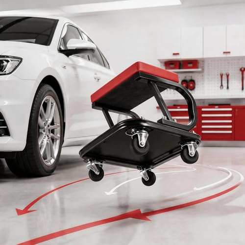 Rolling Creeper Garage/Shop Seat, Padded Rolling Workshop Stool Garage Shop Stool with Divided Tool Storage Tray for Auto Repair Workshop Home Maintenance, 300 Lbs Capacity