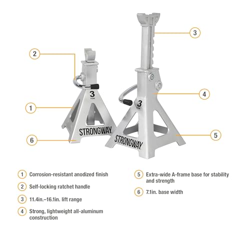 Strongway Aluminum Jack Stands, Pair, 12,000-Lb. Total Capacity, 11.4in.–16.1in. Lift Range