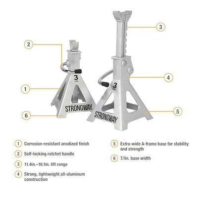 Strongway Aluminum Jack Stands, Pair, 12,000-Lb. Total Capacity, 11.4in.–16.1in. Lift Range