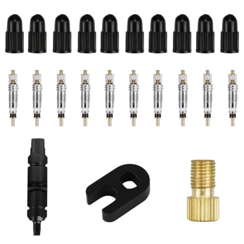 23PCS Presta Valve Core Repair Kit for Bike Bicycle, Tubeless Valve Cores with Plastic & Alloy Valve Core Dismantle Removal Tool, Brass Presta Valve Adapter, Valve Stem Caps for Road MTB Tires (Black) - color: Black