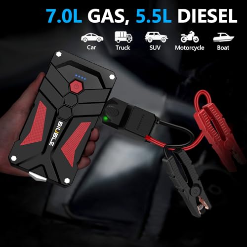 Jump Starter Car Jump Starter Auto Battery Booster Pack 5000A Peak 12V with USB-C Quick Charge,Lithium Jump Box with LED Light(Up to 7.0L Gas or 5.5L Diesel Engine) - color: Red