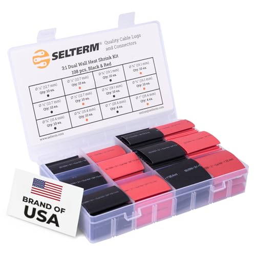 SELTERM Large Size Marine Grade Heat Shrink Tubing Kit,108 pcs Red & Black | 1", 3/4", 1/2", 5/8" Assortment, 3:1 Dual Wall Adhesive Lined, Battery Cable Lugs Wire Connector Waterproof & Flame Retardant - color: Black & Red - Assorted, size: 108 Pcs - Ass