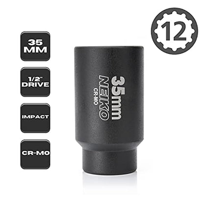NEIKO 02526A 35mm Socket | 1/2” Drive Deep Impact Socket | Spindle & Axle Nut Socket | 12 Point |Chrome Molybdenum Cr-Mo |Deep Well Hub | Triple Square | Axle Shaft Nut Remover - size: 35 mm (Single)