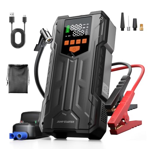 4000A Car Battery Jump Starter with Air Compressor, 150PSI Portable Battery Charger Jumper Starter for Car (9L Gas/8L Diesel) 12V Jump Box with Auto-Shutoff Tire Inflator, Power Bank and Jumper Cables