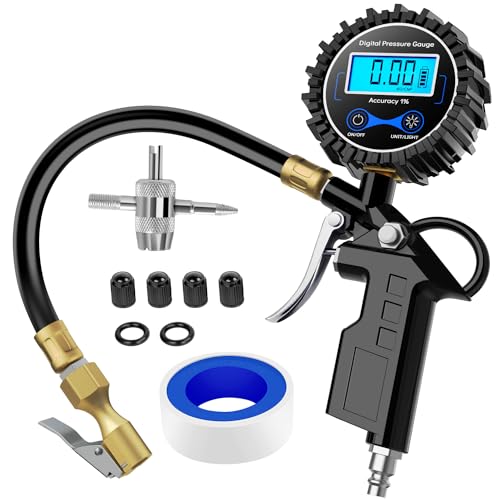 Nilight 50026R Digital Tire Inflator Pressure Gauge,250 PSI Air Chuck and Compressor Accessories Heavy Duty with Rubber Hose Quick Connect Coupler for 0.1 Display Resolution - color: Tire Inflator Gauge Style 1