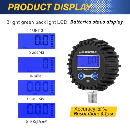MEASUREMAN 2-1/2" Dial Size Digital Air Pressure Gauge with 1/4'' NPT Bottom Connector and Protective Boot, 0-250psi, Accuracy 1%, Battery Powered with LED Light (Pack of 2) - size: Long thread (Pack of 2), style: 0-250psi