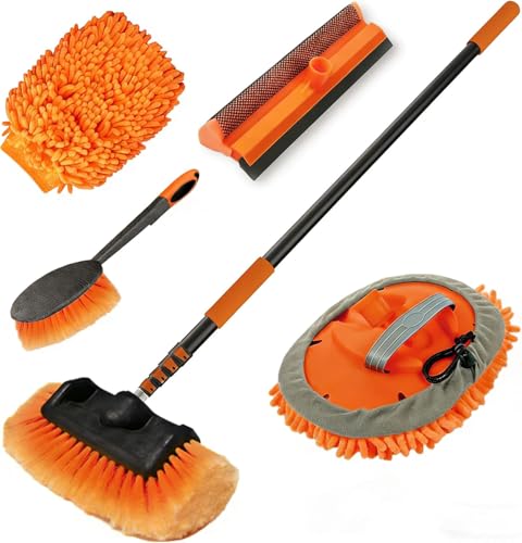 LAANPOLE 12FT Car Wash Brush with Long Handle, Car Cleaning Kit with Soft Bristle Wash Brush, Microfiber Cleaning Mop, Window Squeegee, Mitt, Wheel Brush for RV, Truck, Boat, House Siding - size: 12FT