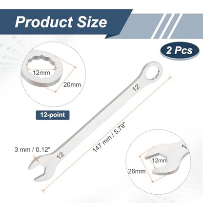 HARFINGTON 2Pcs Super Thin Combination Wrench 12mm Metric 12-Point Box and Open End Stainless Steel Double Ended Spanner Tool for Automotive Pipe Furniture Machinery DIY Repair, Silver - size: 12mm