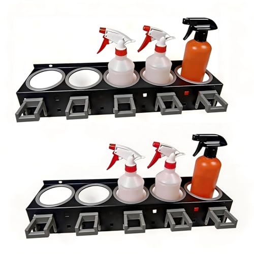2-Pack Spray Bottle Organizer - 5 Can Holes + 5 Hooks, Wall-Mounted Multi-Functional Organizer Suitable for Car Detailing, Garage, Kitchen, Bathroom