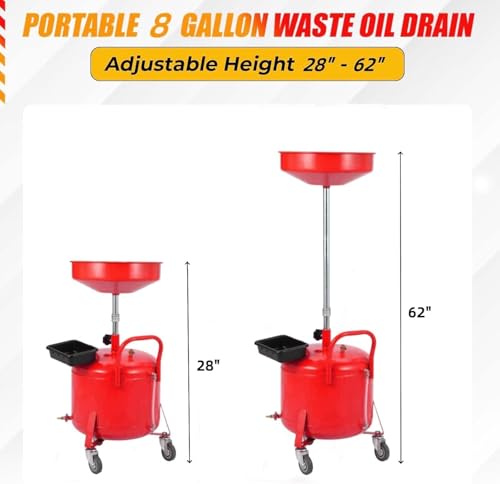 Garvee 8 Gallon Waste Oil Drain Tank, Portable Oil Drain Container, Air Operated Drainer, Fluid Fuel Transfer Drainage, Adjustable Funnel Height with Wheel &15'' Premium Bowl and a Toolbox - size: 8 Gallon-Red