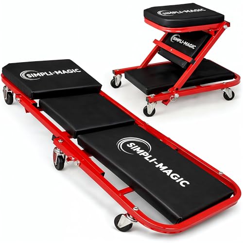 SIMPLI-Magic 2-in-1 Mechanic Creeper and Seat, Adjustable Rolling Automotive Creeper with Padded Cushion and Casters, Red
