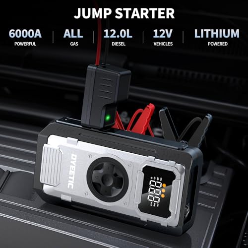 Car Battery Jump Starter with Air Compressor, 6000A Portable Battery Booster (All Gas/10L Diesel), 150PSI Auto-Shutoff Tire Inflator, 800LM LED Light & Jumper Cables, 12V Supersafe Lithium Jump Box - color: Gray