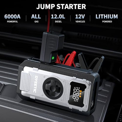 Car Battery Jump Starter with Air Compressor, 6000A Portable Battery Booster (All Gas/10L Diesel), 150PSI Auto-Shutoff Tire Inflator, 800LM LED Light & Jumper Cables, 12V Supersafe Lithium Jump Box - color: Gray
