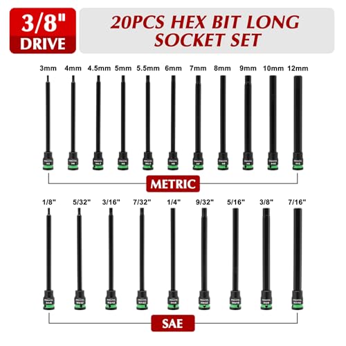 EMENTOL 3/8-Inch Drive Allen Hex Bit Socket Set, 20PCS Extra Long, SAE & Metric (3mm - 12mm, 1/8"-7/16"), CR-V, S2 Alloy Steel Bit - size: Hex Bit 3mm - 12mm & 1/8"-7/16"