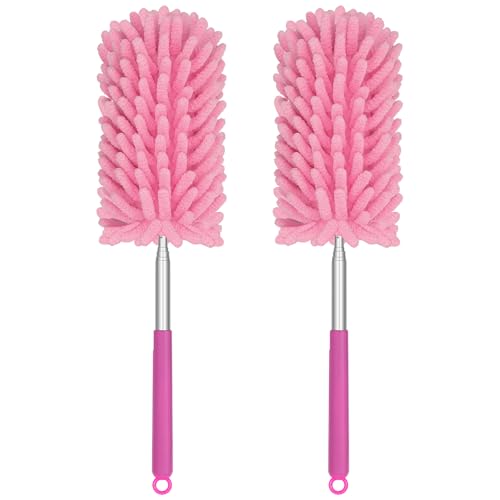 Mini Duster for Cleaning, 360° Bendable Hand Dusters with Extension Pole, Washable Small Duster for Car Interior, Office, Furniture - color: 2 Pack Pink