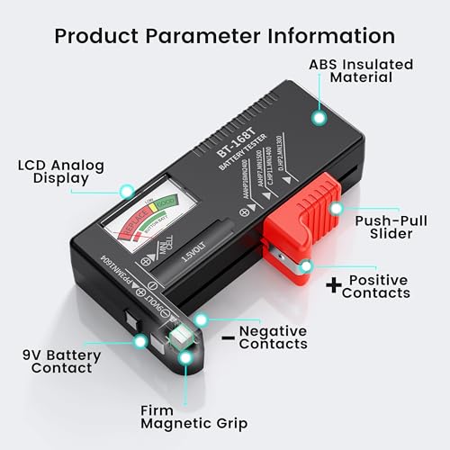 Dlypow Magnetic Battery Tester for AAA AA C D 9V, Buttons, Batteries Checker