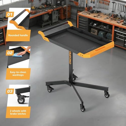 Mobile Work Table, Adjustable Height Workbench with Wheels, Orange | Heavy Duty, 8 Adjustable Height Settings, Drills Storage, 4 Wheels (2 locking), for Garage, Workshop, Bike Repair, Car Repair