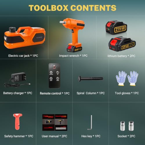 E-HEELP 5 ton Cordless Electric car Jack kit with Hydraulic Lift,Lithium Battery & Double Cylinder air Pump & LCD Touch Screen - Portable car Jack and Stand kit Includes Impact Wrench