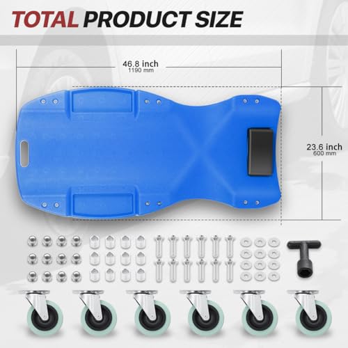 Mechanic Creeper 47 Inch, Low Profile Under Car Rolling Creeper with Padded Headrest and Tool Trays, 300 LBS Capacity, Ergonomic Body Design, Blue