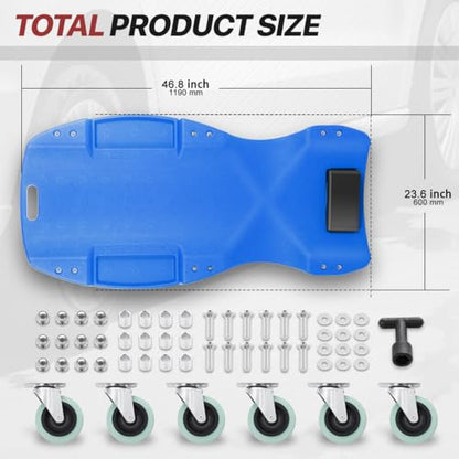 Mechanic Creeper 47 Inch, Low Profile Under Car Rolling Creeper with Padded Headrest and Tool Trays, 300 LBS Capacity, Ergonomic Body Design, Blue