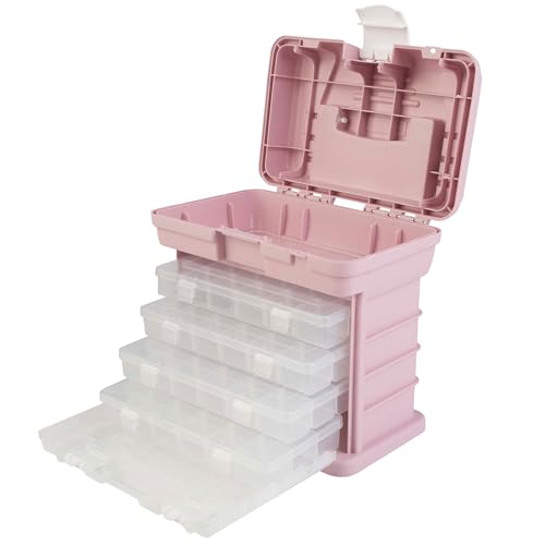 Portable Tool Box - Small Parts Organizer with Drawers and Customizable Compartments for Hardware, Fishing Tackle, Beads, or Crafts by Stalwart (Pink) - color: Pink