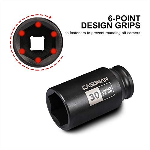 CASOMAN 1/2" Drive x 30 mm Deep 6 PT Impact Socket, CR-MO, 1/2-inch Drive 6 Point Axle Nut Socket for Easy Removal of Axle Shaft Nuts (30MM) - size: 30 mm (Deep), style: 6-Point Socket