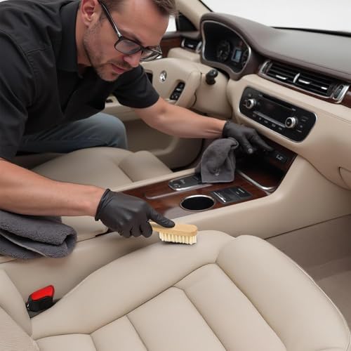 TAKAVU Leather & Upholstery Brush, Pure White Boar Hair, Car Seat Safe | Soft Detailing Brush for Alcantara, Suede, Sofa, Furniture, Convertible Tops, Car Interiors, Boots & Bags