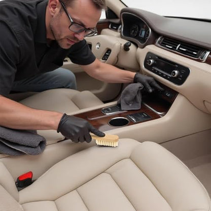 TAKAVU Leather & Upholstery Brush, Pure White Boar Hair, Car Seat Safe | Soft Detailing Brush for Alcantara, Suede, Sofa, Furniture, Convertible Tops, Car Interiors, Boots & Bags