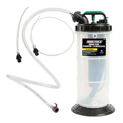 OEMTOOLS Manual Fluid Extractor Pump, 5.3L Oil Extractor, 5-Foot Hose | 41" Extended Dipstick Hose Adapters, Oversized Handle, Overflow Shutoff Valve, Leak Proof Bottom for Low Viscosity Fluids - size: 5.3 Liter