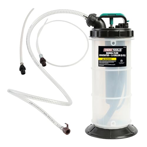 OEMTOOLS Manual Fluid Extractor Pump, 5.3L Oil Extractor, 5-Foot Hose | 41" Extended Dipstick Hose Adapters, Oversized Handle, Overflow Shutoff Valve, Leak Proof Bottom for Low Viscosity Fluids - size: 5.3 Liter