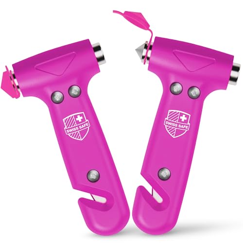 Swiss Safe 5-in-1 Emergency Car Safety Hammer – Car Window Breaker & Seatbelt Cutter, Heavy-Duty Escape Tool for Vehicle Emergencies and Auto Kits – Pink, 2 Pack - color: Pink, size: 2-Pack